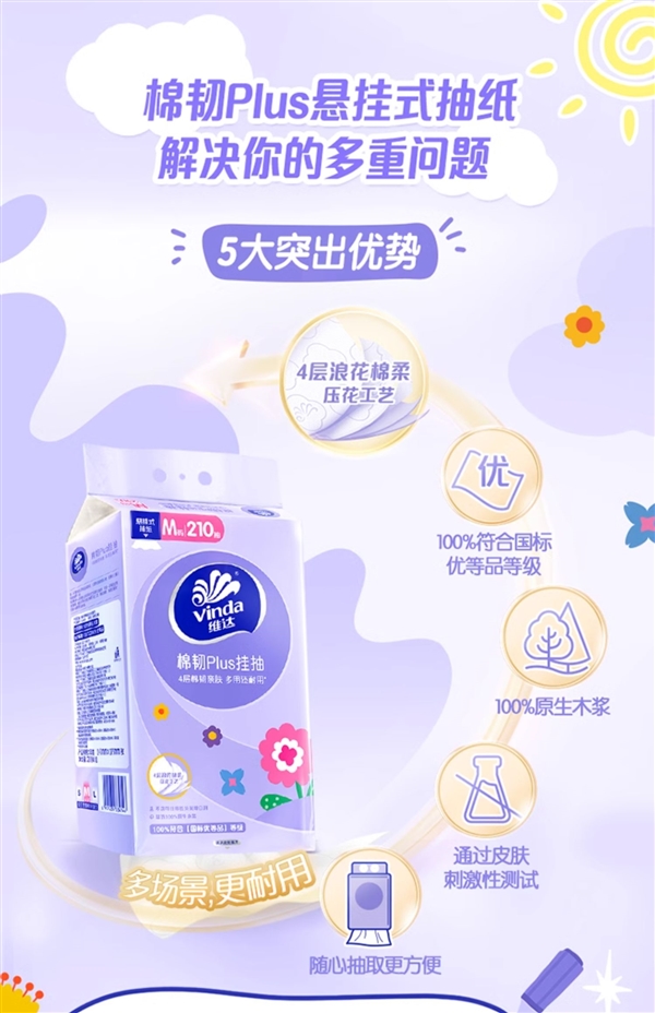 挂墙上：维达棉韧悬挂式抽纸29元6提（4层加大）